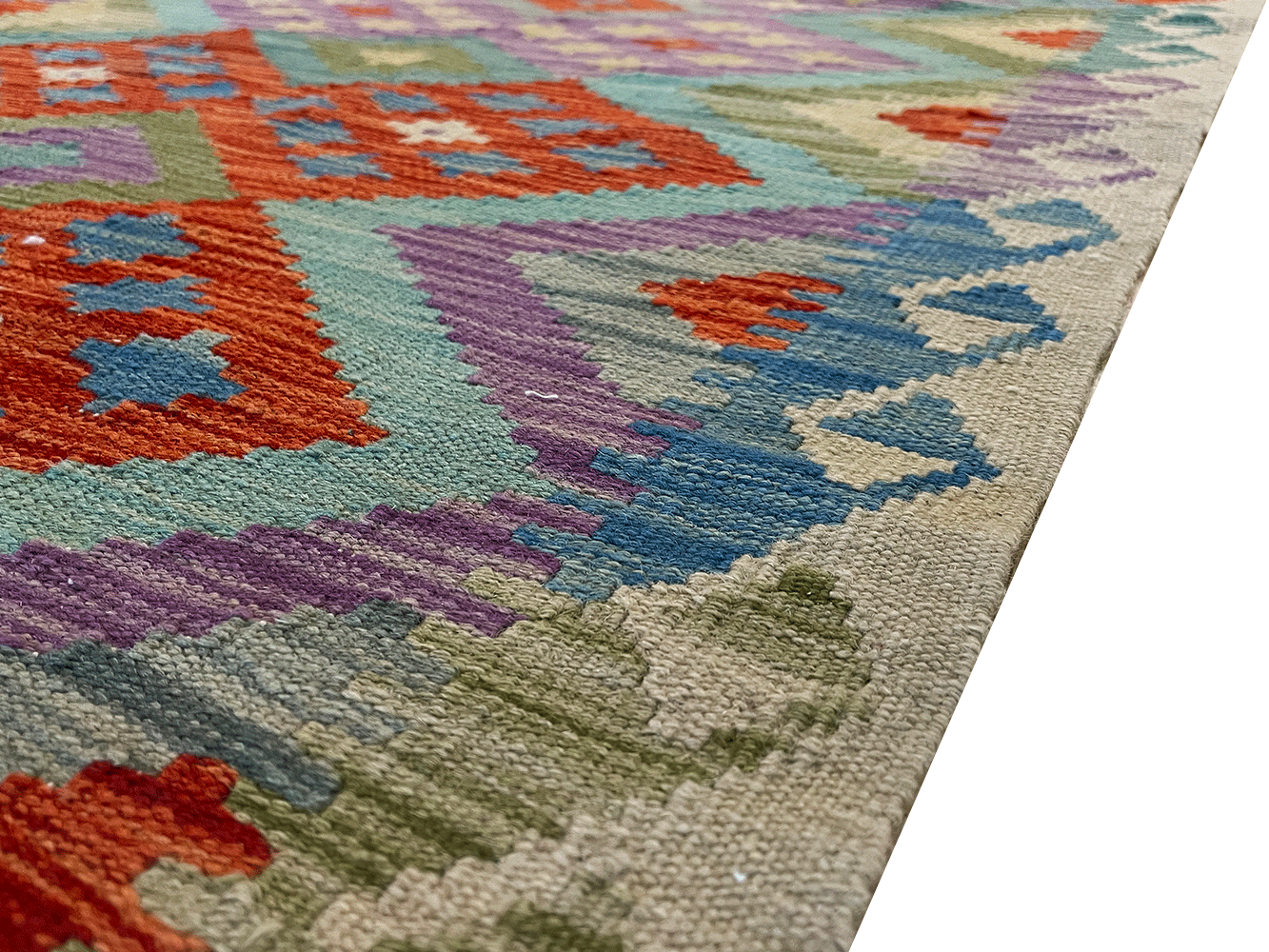 Runner Geometric Handmade Kilim Wool Area Rug in Blue/Green/Purple