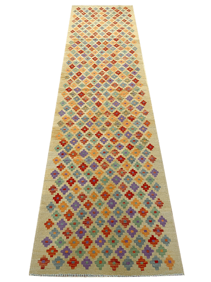 Runner Geometric Handmade Kilim Wool Area Rug in Red/Orange/Blue